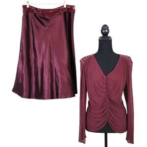 Vintage Y2K Burgundy Maroon 100% SILK Skirt Set Beaded Ruched Bell Sleeve 14